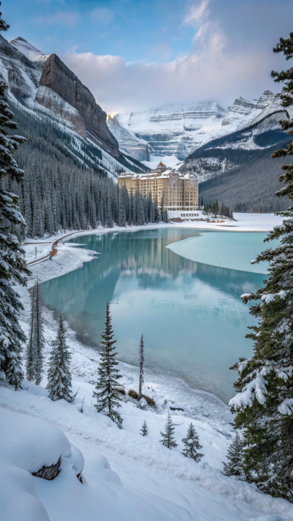 A frozen Lake Louise with the Fairmont Chateau in the background, surrounded by snow-covered mountains.