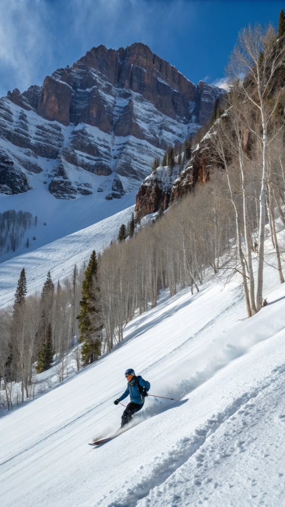 A skier gliding down a snowy slope in Aspen, with the Rocky Mountains in the background.