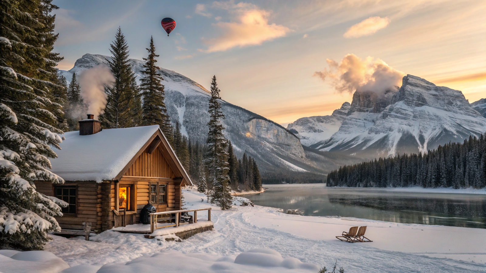 A breathtaking winter landscape that captures the magic of winter travel. The scene includes: Foreground: A cozy wooden cabin with smoke rising from the chimney, surrounded by snow-covered trees. A pair of boots and a sled are placed outside the cabin door, adding a sense of warmth and adventure. Midground: A frozen lake with a few people ice skating. The lake reflects the soft glow of the setting sun, creating a golden hue on the snow. Background: Majestic snow-capped mountains under a pastel-colored sky. A hot air balloon floats gently in the distance, adding a touch of whimsy. Atmosphere: The scene feels magical and inviting, with soft snowflakes falling gently. The lighting is warm and golden, evoking a sense of coziness and wonder.