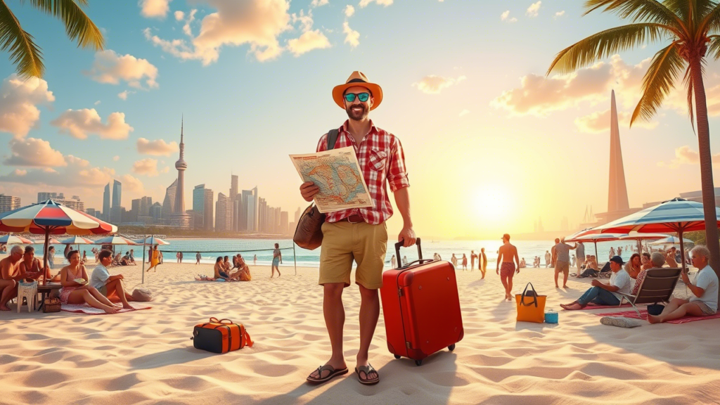 A traveler (could be a solo backpacker or a couple) holding a map and a suitcase, standing on a sandy beach with a few affordable travel essentials scattered around (e.g., a reusable water bottle, sunscreen, and a pair of sunglasses).